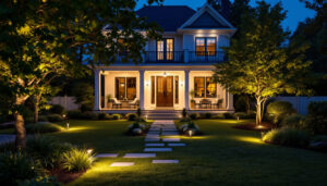 A photograph of a beautifully illuminated yard featuring stylish outdoor lighting fixtures