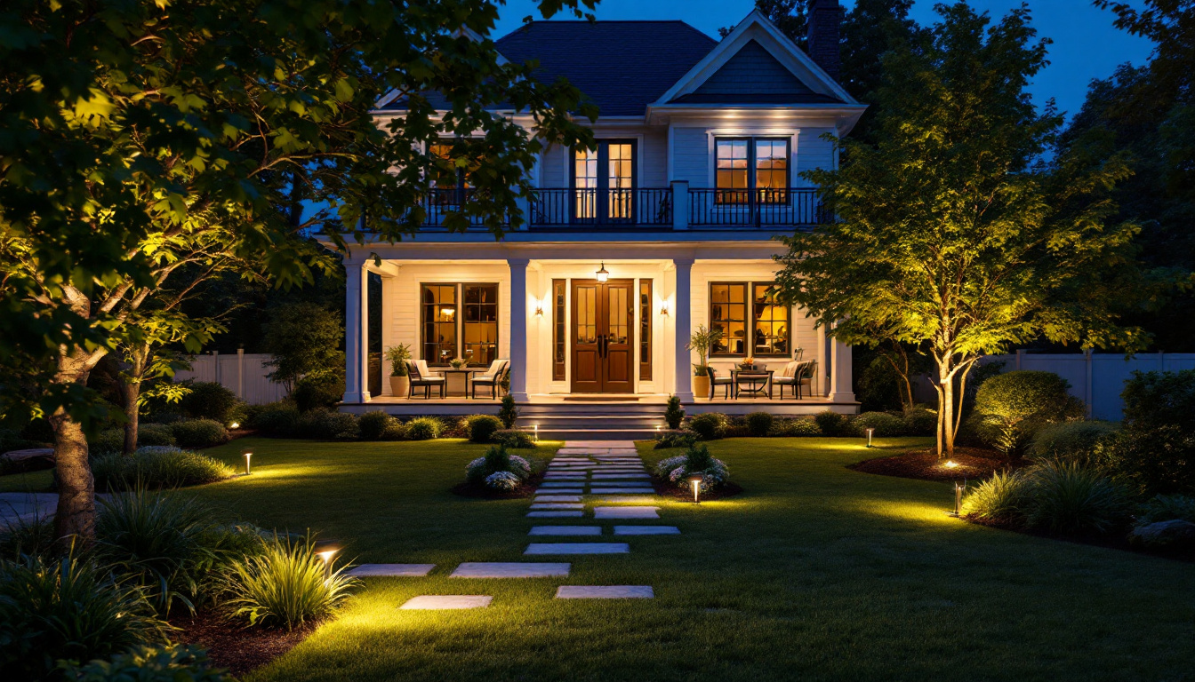 A photograph of a beautifully illuminated yard featuring stylish outdoor lighting fixtures
