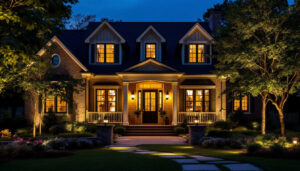 A photograph of a beautifully illuminated exterior of a house at dusk