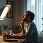 A photograph of a well-lit room featuring a stylish halogen light lamp in use