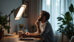 A photograph of a well-lit room featuring a stylish halogen light lamp in use