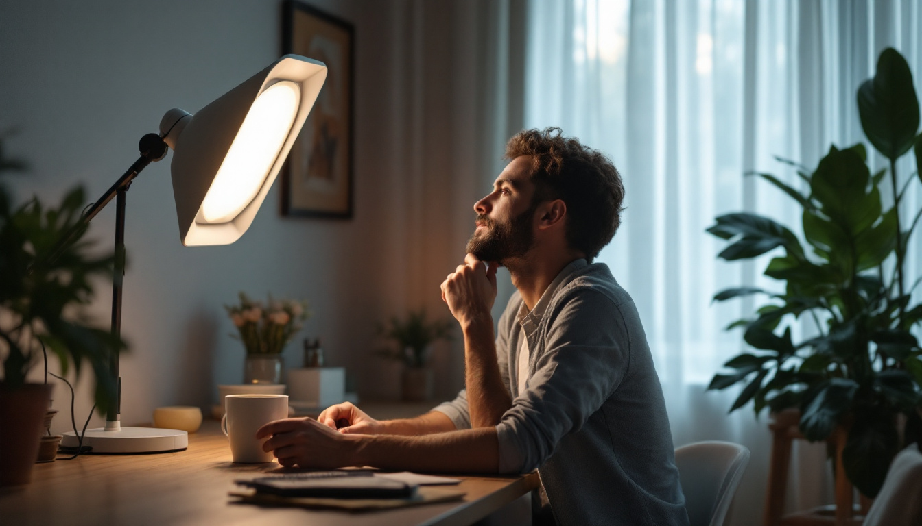 A photograph of a well-lit room featuring a stylish halogen light lamp in use