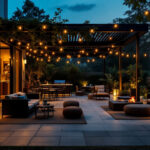 A photograph of a modern outdoor patio illuminated by stylish smart lighting fixtures