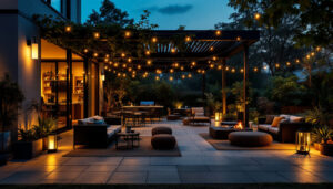 A photograph of a modern outdoor patio illuminated by stylish smart lighting fixtures