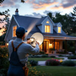 A photograph of a lighting contractor installing an outdoor spotlight shield in a beautifully landscaped yard at dusk