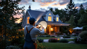 A photograph of a lighting contractor installing an outdoor spotlight shield in a beautifully landscaped yard at dusk