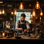 A photograph of an artisan lighting contractor skillfully working with vintage lighting fixtures