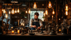 A photograph of an artisan lighting contractor skillfully working with vintage lighting fixtures