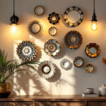 A photograph of a beautifully arranged display of ornamental wall plates in a well-lit interior setting