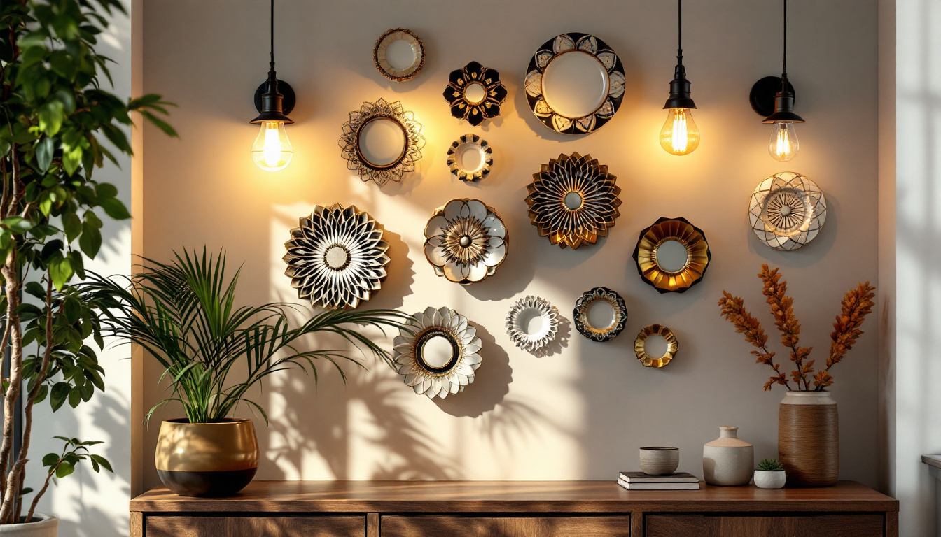 A photograph of a beautifully arranged display of ornamental wall plates in a well-lit interior setting