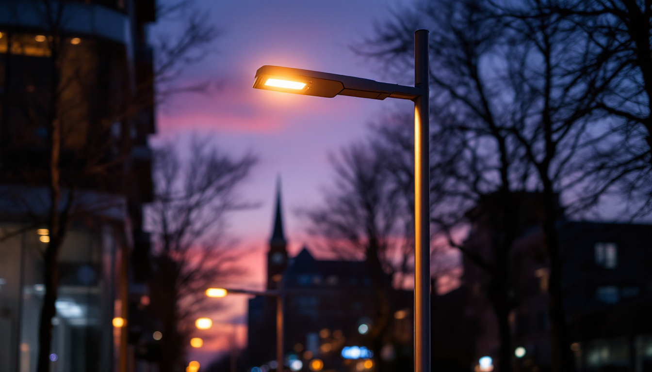 A photograph of a beautifully illuminated modern lamp post in an urban setting during twilight