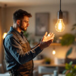 A photograph of a lighting contractor installing a modern light bulb lamp in a beautifully lit residential or commercial space