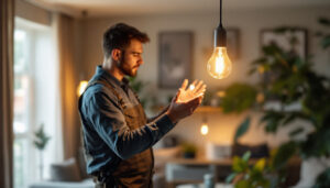 A photograph of a lighting contractor installing a modern light bulb lamp in a beautifully lit residential or commercial space