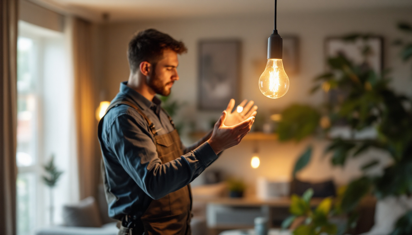 A photograph of a lighting contractor installing a modern light bulb lamp in a beautifully lit residential or commercial space