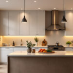 A photograph of a beautifully designed kitchen showcasing strategically placed recessed lighting