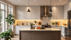 A photograph of a beautifully designed kitchen showcasing strategically placed recessed lighting