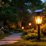 A photograph of a beautifully illuminated outdoor solar lamp in a landscaped garden setting during twilight