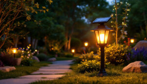 A photograph of a beautifully illuminated outdoor solar lamp in a landscaped garden setting during twilight
