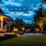 A photograph of a beautifully decorated outdoor space illuminated with twinkle lights at dusk