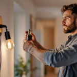 A photograph of a skilled lighting contractor expertly installing a screw-in light fixture in a modern home setting