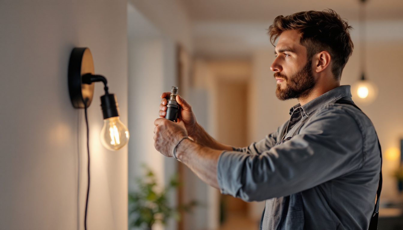 A photograph of a skilled lighting contractor expertly installing a screw-in light fixture in a modern home setting