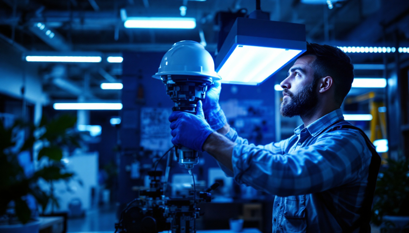 A photograph of a lighting contractor efficiently installing an ultraviolet lamp in a commercial setting
