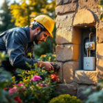 A photograph of a skilled lighting contractor installing a weatherproof outdoor outlet box in a beautifully landscaped garden
