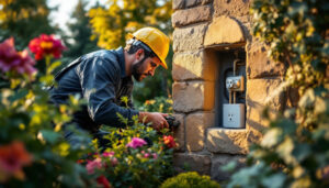A photograph of a skilled lighting contractor installing a weatherproof outdoor outlet box in a beautifully landscaped garden