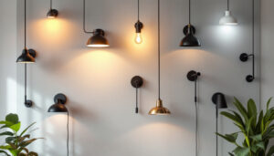 A photograph of a well-designed light mount wall featuring various lighting fixtures installed in an aesthetically pleasing arrangement