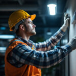 A photograph of a lighting contractor installing energy-efficient led fixtures in a modern commercial space