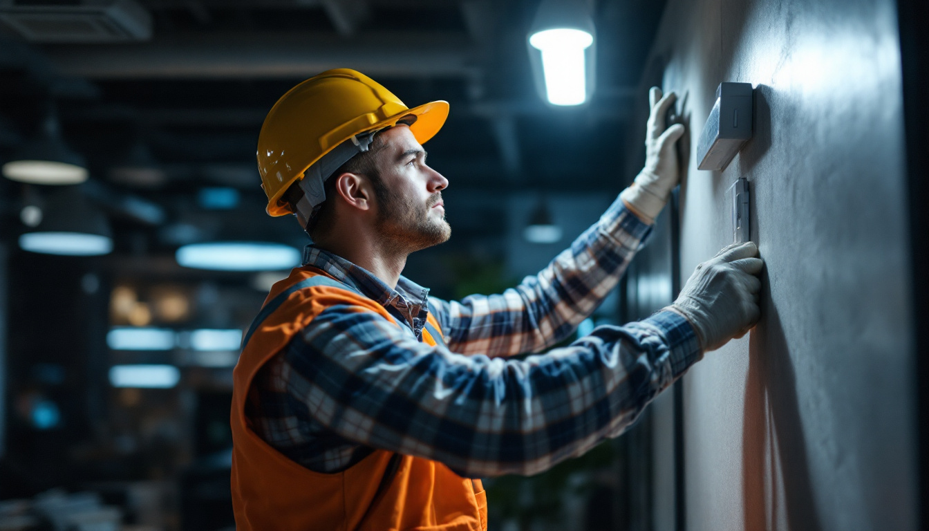A photograph of a lighting contractor installing energy-efficient led fixtures in a modern commercial space