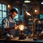 A photograph of a vintage-style laboratory setting with a glowing arc lamp inspired by humphry davy's early electric light experiments