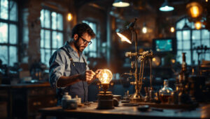A photograph of a vintage-style laboratory setting with a glowing arc lamp inspired by humphry davy's early electric light experiments