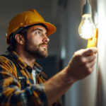 A photograph of a lighting contractor inspecting a standard light bulb installation in a well-lit room