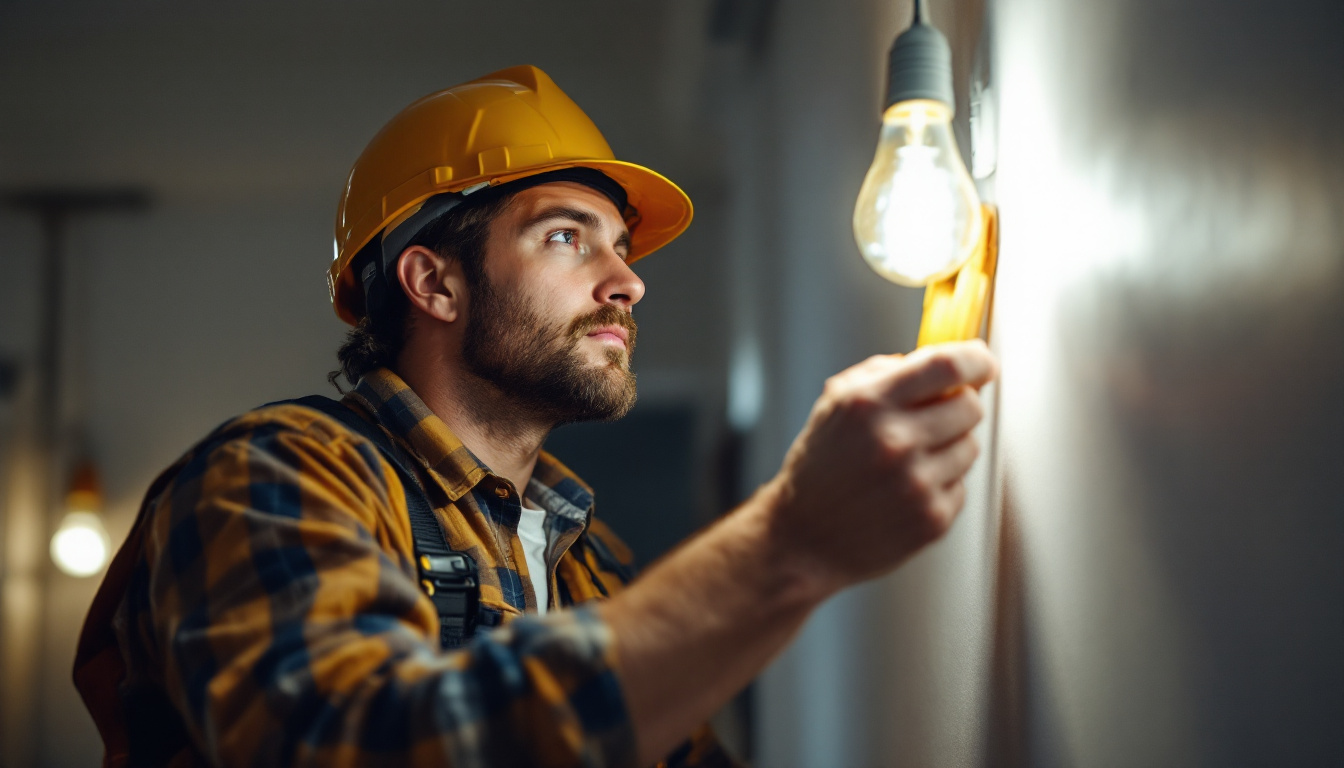 A photograph of a lighting contractor inspecting a standard light bulb installation in a well-lit room