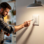 A photograph of a lighting contractor installing a light switch with an integrated outlet in a stylish home setting