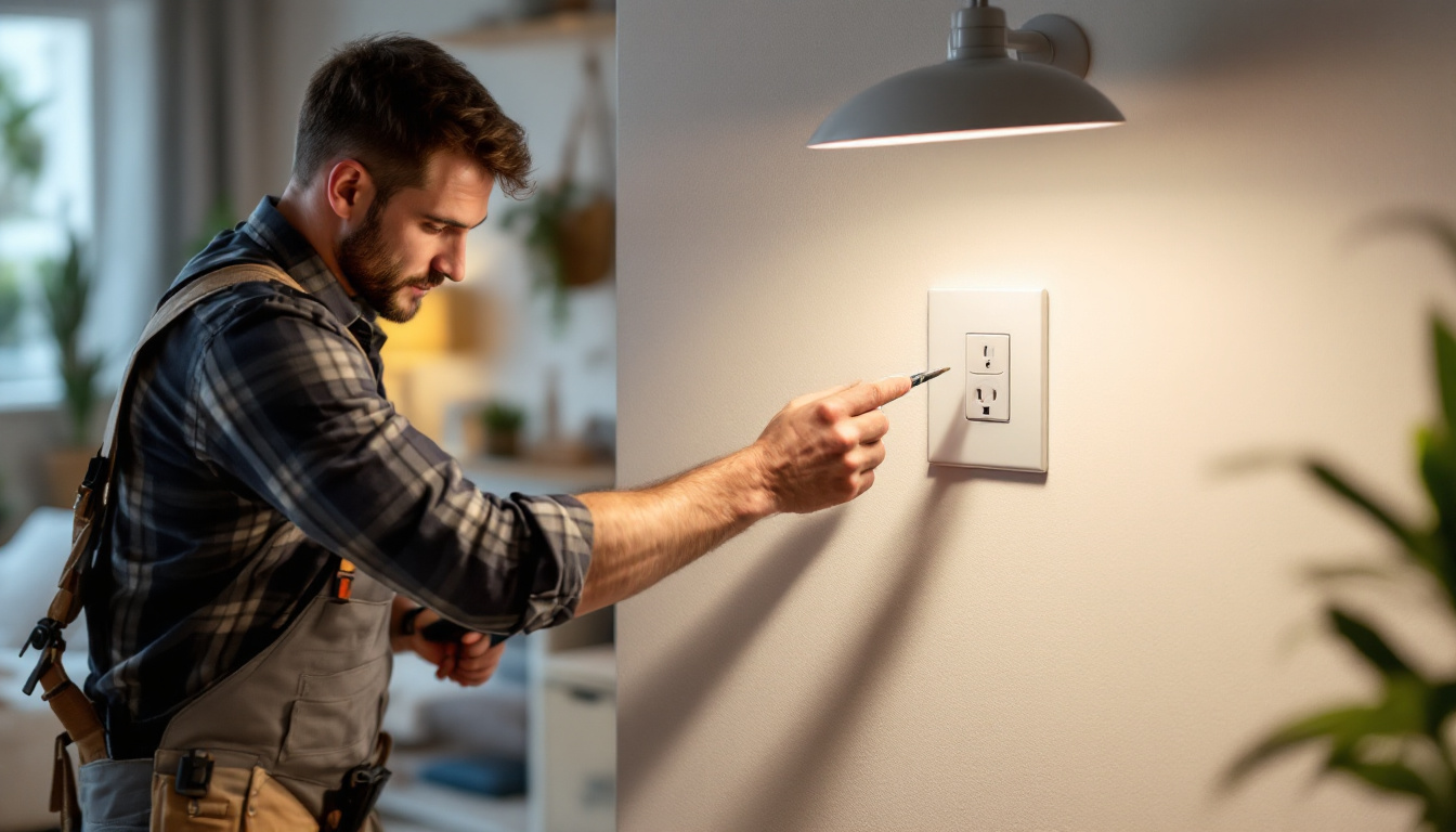 A photograph of a lighting contractor installing a light switch with an integrated outlet in a stylish home setting