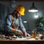 A photograph of a skilled lighting contractor at work