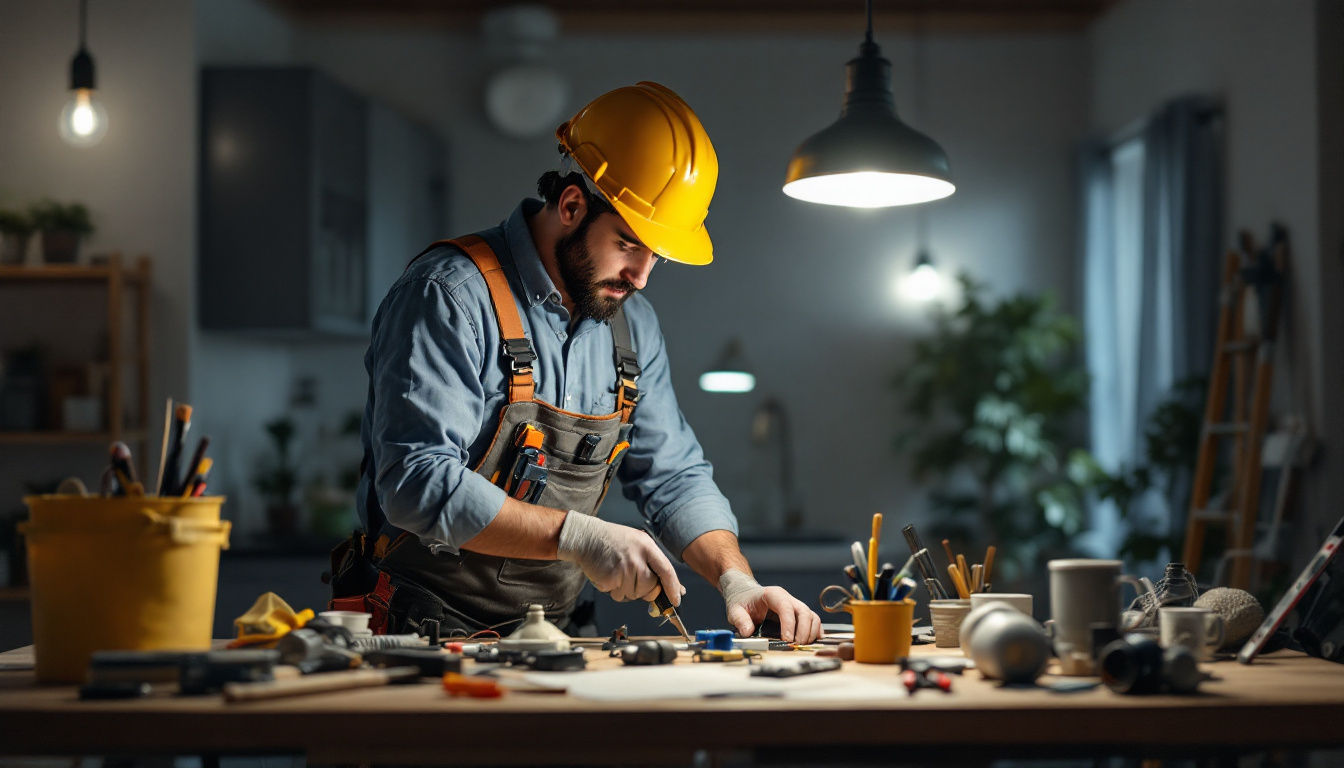 A photograph of a skilled lighting contractor at work