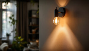 A photograph of a beautifully designed indoor wall sconce illuminating a cozy living space