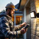 A photograph of a lighting contractor installing a motion sensor outdoor flood light in a residential or commercial setting