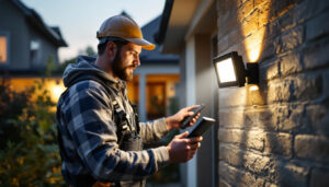 A photograph of a lighting contractor installing a motion sensor outdoor flood light in a residential or commercial setting