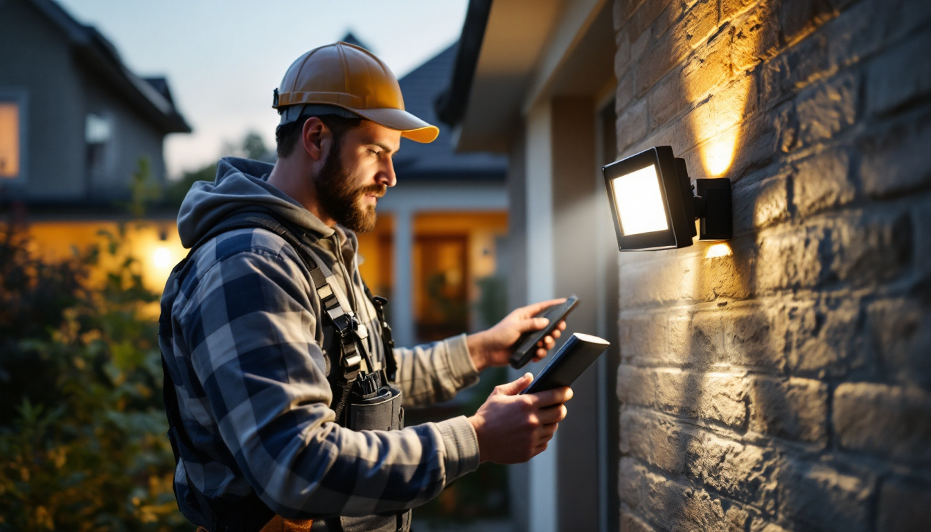 A photograph of a lighting contractor installing a motion sensor outdoor flood light in a residential or commercial setting