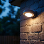 A photograph of an outdoor security light installed in a residential setting at dusk
