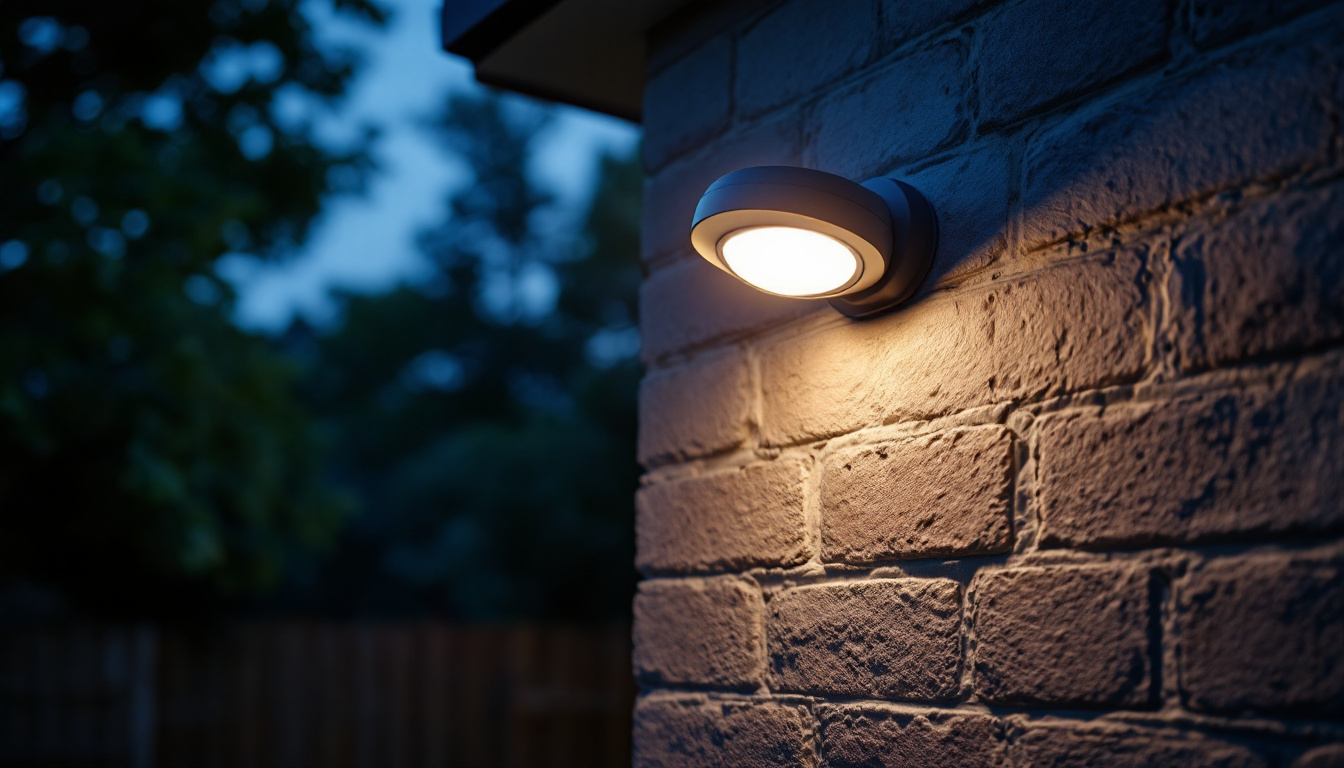 A photograph of an outdoor security light installed in a residential setting at dusk