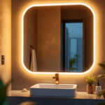 A photograph of a beautifully lit bathroom mirror featuring led rope lights elegantly mounted at the corners