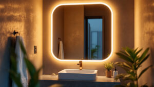 A photograph of a beautifully lit bathroom mirror featuring led rope lights elegantly mounted at the corners