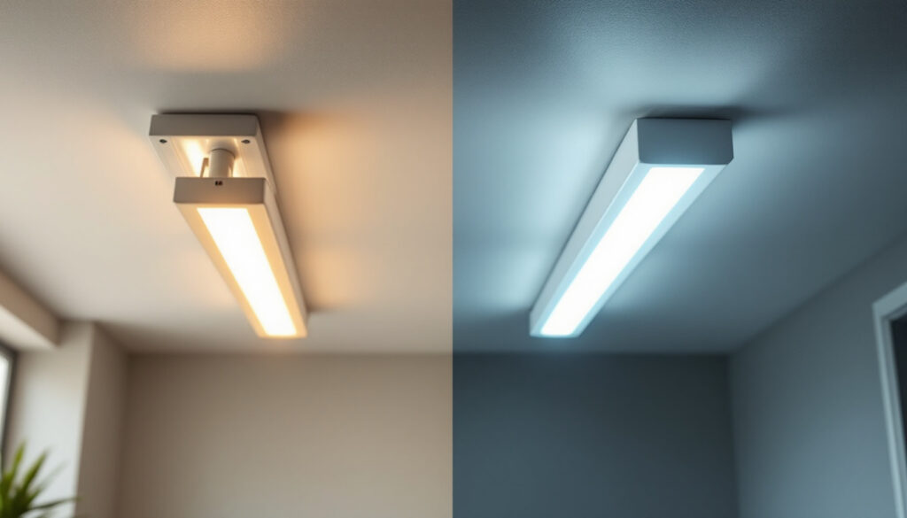 A photograph of a side-by-side comparison of a fluorescent light fixture and an led light fixture in a well-lit room