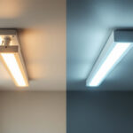 A photograph of a side-by-side comparison of a fluorescent light fixture and an led light fixture in a well-lit room
