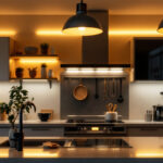 A photograph of a beautifully lit kitchen showcasing stylish over cupboard lighting